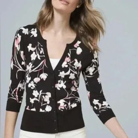 White House Black Market Multicolor Snap Front Cardigan 3/4 Sleeve V-Neck Size M - Picture 1 of 9